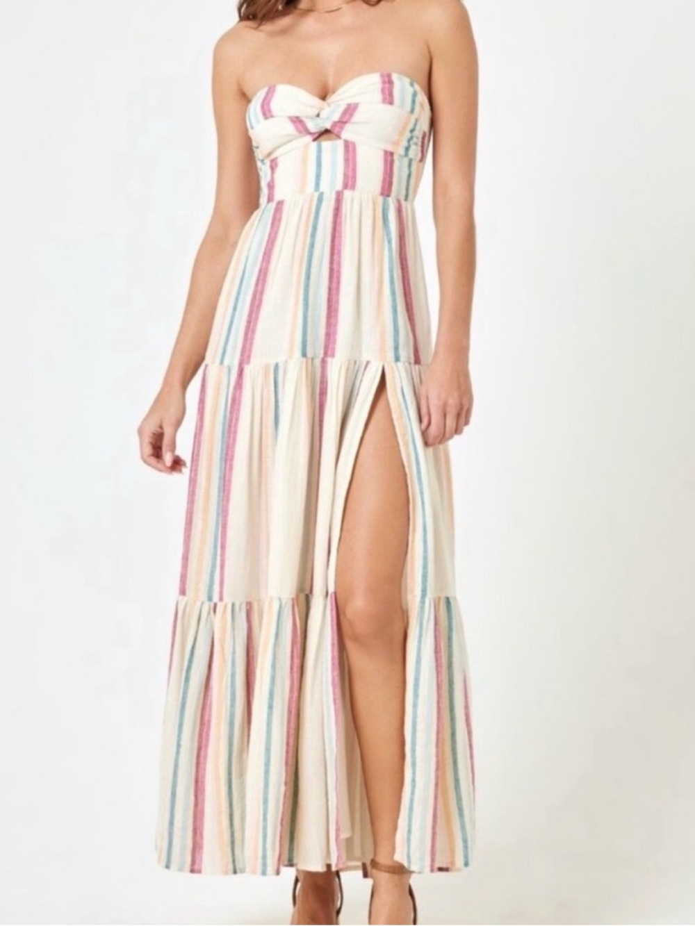 l*space Strapless Cream Maxi Dress with Pink, Blue & Yellow Stripes